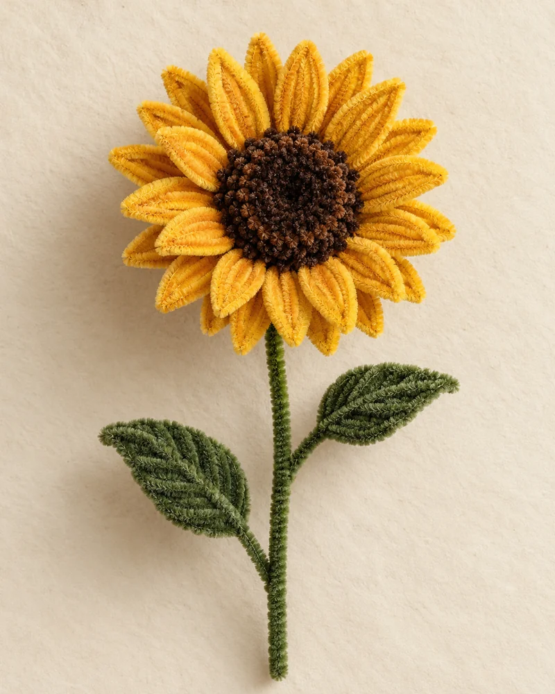 A finished sunflower made from chenille stems, on cream paper